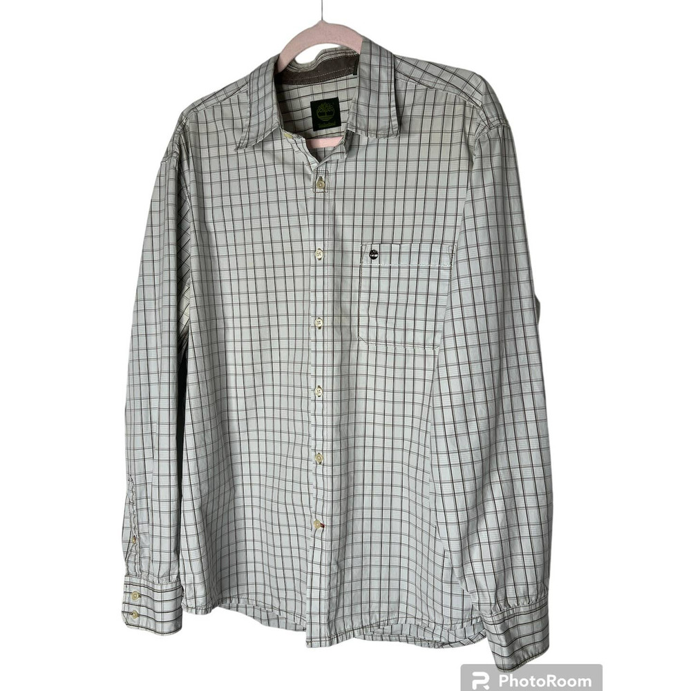Timberland Men's Button-down Shirt Size L in Blue and Brown Plaid